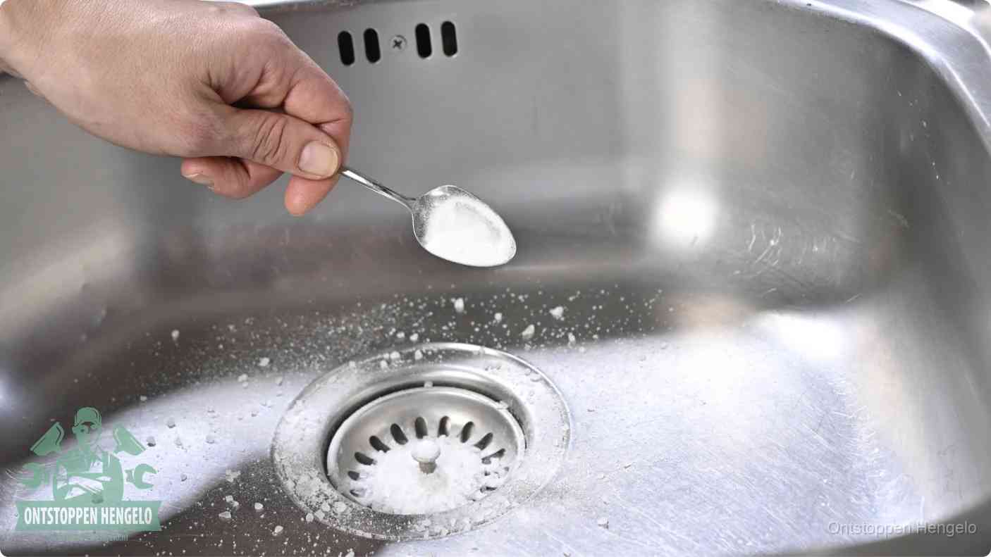Een hand strooit met een lepel soda in de afvoer van een roestvrijstalen spoelbak, de soda en azijn huismiddel-methode om de afvoer te ontstoppen in Hengelo