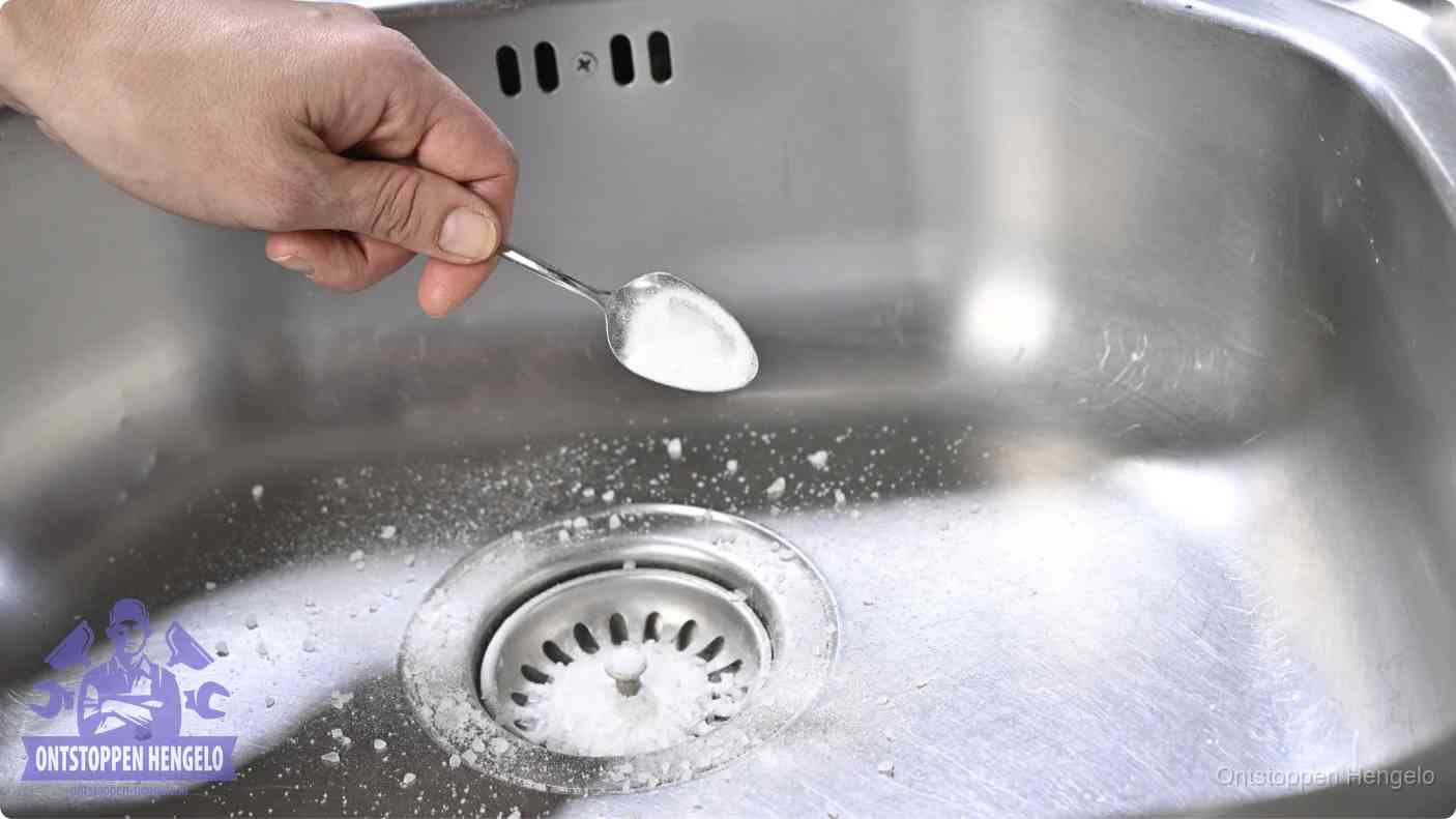Hand strooit soda in de afvoer, riool ontstoppen met soda en azijn in Hengelo