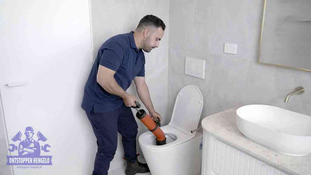 Een monteur gebruikt een handmatige perspomp (toiletontstopper) op een wandcloset tijdens het professioneel wc ontstoppen in Hengelo